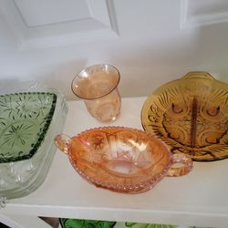 Vintage Orange Green Glassware 1960s Snack Plates Carnival Glass Starburst Candle Holder 