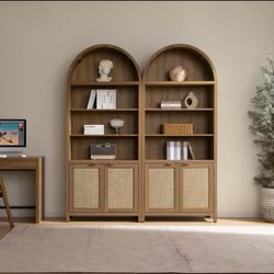 Set of 2, Arch 84.2" Tall Bookcase 5 Tier Large Bookshelves with Doors Storage Rattan Boho Wide Book