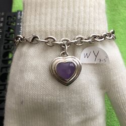 Purple Color Heart Charm Bracelet ,925 ,7.5” Long ,37.70 grams . Please Look At My Profile To See All Items 