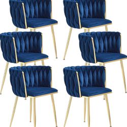Dining Chairs Set of 6, Gold Modern Dining Chair with Metal Legs, Woven Upholstered Dining Chairs for Dining Room, Kitchen, Vanity, Living Room (Blue)
