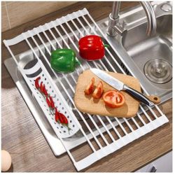Large 20 Inches Over the Sink Dish Drying Rack, Roll up Dish Drainer, Multifunction Dish Mat Trive, Heat Resistant, Stainless Steel