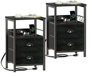 Both Nightstands Set of 2 with Charging Station, 2 Fabric Drawers | Night