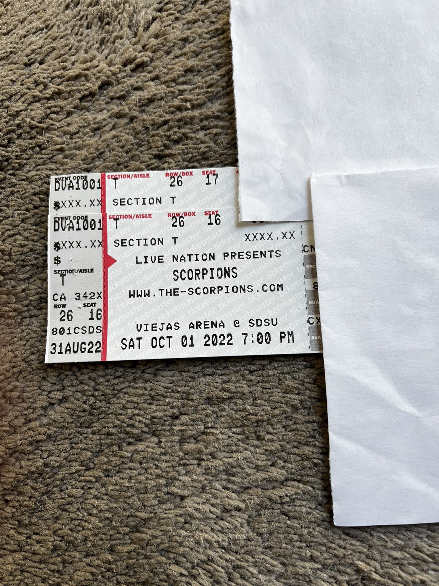 2 Tickets to Scorpions Concert Sat. Oct 1st