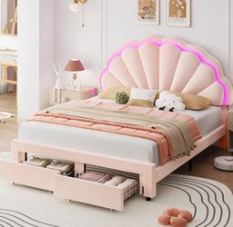 Full Upholstered LED Bed Frame with Petal Headboard & Storage, Pink
Adjustable Headboard w/Double-Petal Style,Soft Velvet,Large Drawer,Needn't Box Spr