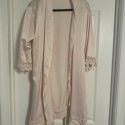 Blush Pink Silk Robe with Flower Lace Trim