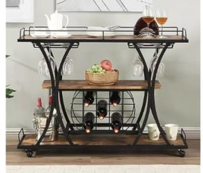 Brand New Industrial Rolling Bar Cart with Wine Rack & Glass Holder