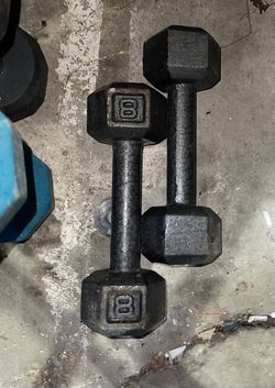 Set of 2  8 Lb. Total 16 Lbs. Cast Iron Hex Dumbbells/Hand Weights, -