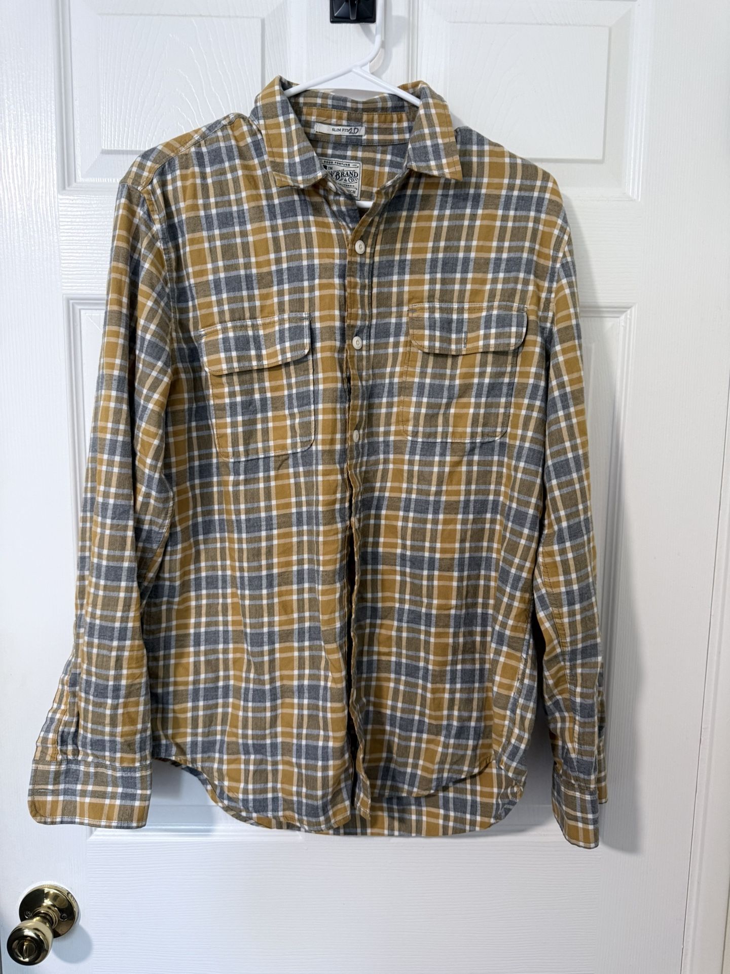 Lucky Brand Shirt Mens Yellow Plaid Saturday Stretch Flannel Snap Western C24