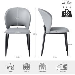 Modern Dining Chairs Set of 2, Upholstered Faux Leather Kitchen Chairs, Comfortable Kitchen & Dining Room Chairs with Curved Back and Metal Legs (Gray