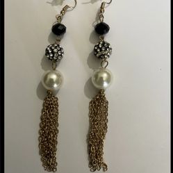 Long Black Beaded Chain Earrings 