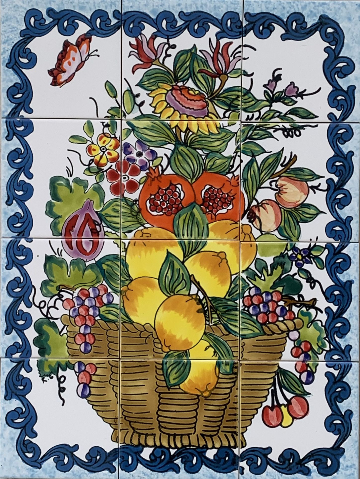 Hand-Painted Mediterranean Ceramic Tile Mural – 12-Piece Wall Art