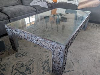 Free Large Vintage Rustic Hand Carved Wood And Glass Coffee Table