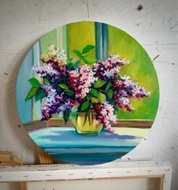 Lilacs by the Window | Original Oil Painting | 14x14 Round Canvas