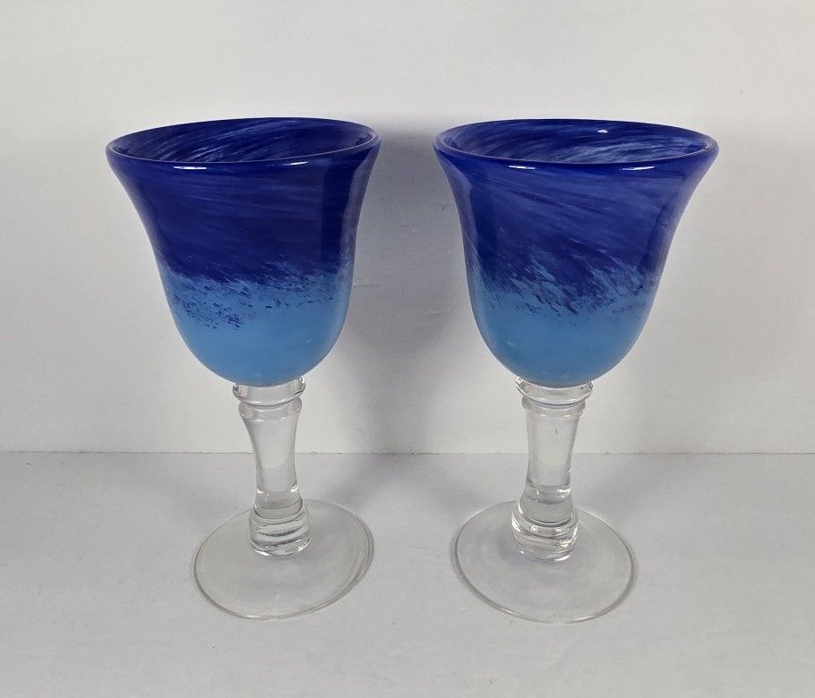 Hand Blown Stemmed Wine Glasses Goblets Cobalt Blue Two Tone Swirl Set of 2