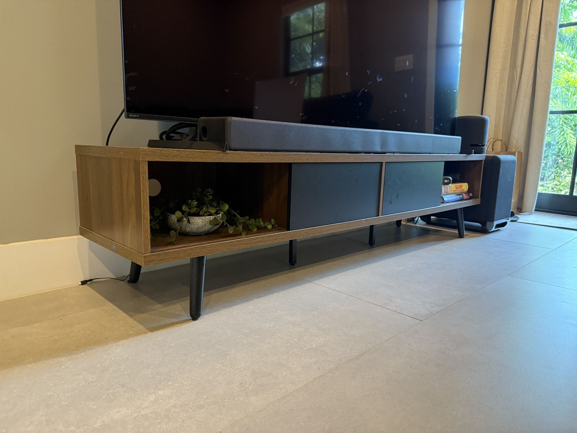 Mid-Century Walnut + Black Sliding-Door TV Stand (70″) – Excellent Condition