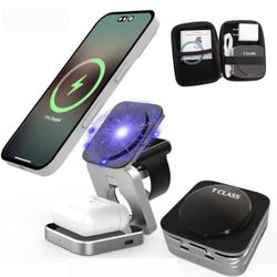 Wireless 3 in 1 Magnetic Charging Station, Portable, Foldable, Fast Charge, Travel | Black and Silver Mobile Phone Holder | with Extra Magnetic Ring |