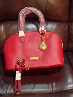 JOY & IMAN Red Leather Dome Satchel Handbag Watch Charm Crossbody Strap NEW