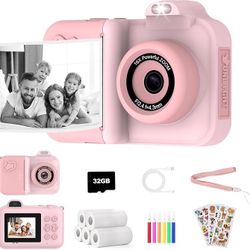 Kids Camera Instant Print, 1080P HD Dual-Lens Selfie,Toddler Digital Camera with 5 Rolls Paper & 32GB Card,