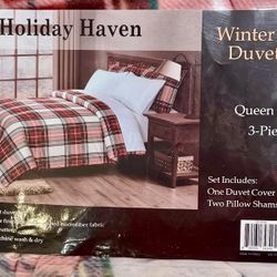 🏡 Holiday Haven Queen Size Winter Plaid Duvet Set - Like NEW! 🎄