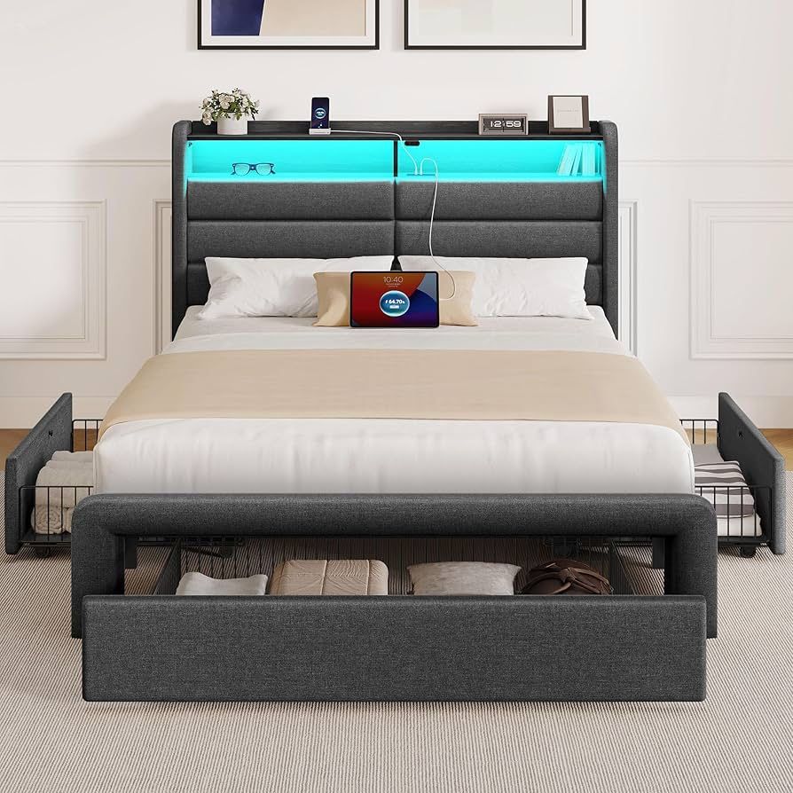 N-Twin Size Bed Frame with 3 Storage Drawers & Charging Station, Upholstered Platform Bed with Storage Headboard and LED Light, No Box Spring Needed, 