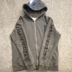 Rep Chrome Hearts Gray Cotton Fleece Full Zip Hoodie Graphic Logo Men's Long Sleeve