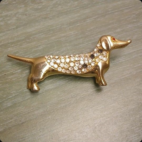Charter Club Gold Tone Dachshund Rhinestone Brooch/Pin