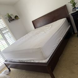 Cal king Bed Frame, Mattress, And Box Springs