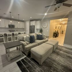 Modern Farmhouse Couch Set w/ 2 Ottomans + Tables + Rug – Like New