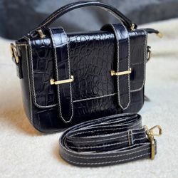 Black Crocodile Genuine Leather Mini Satchel Crossbody Bag 