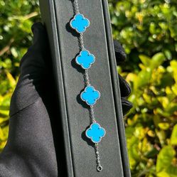 Jewelry 925 sterling silver Tiffany Van cleef style 5 motifs clover shape stone bracelet