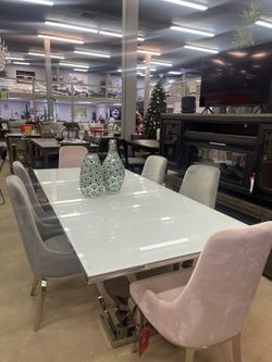 Light Pink White Glass 7-piece Dining Room Set 