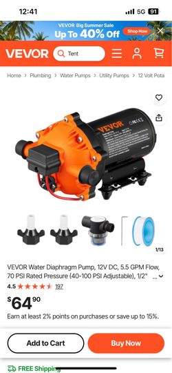 VEVOR Water Diaphragm Pump, 12V DC, 5.5 GPM Flow, 70 PSI Rated Pressure (40-100 PSI Adjustable), 1/2" MNPT Self Priming Sprayer Pump with Pressure Swi