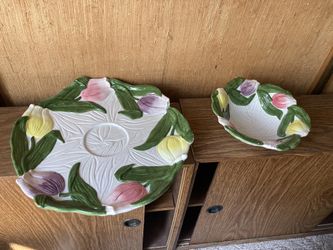 mnibus Japanese Hand Painted Tulips Flowers Serving Plate 12” Round and 7” Bowl Easter