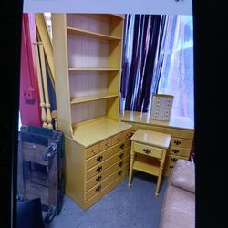 This is one beautiful come with a twin size bed frame a nightstand a bookshelf and a coffee table and one traction same color