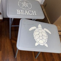 Wood Folding TV Trays Tables Sandollar shell beach, turtle, gray handpainted