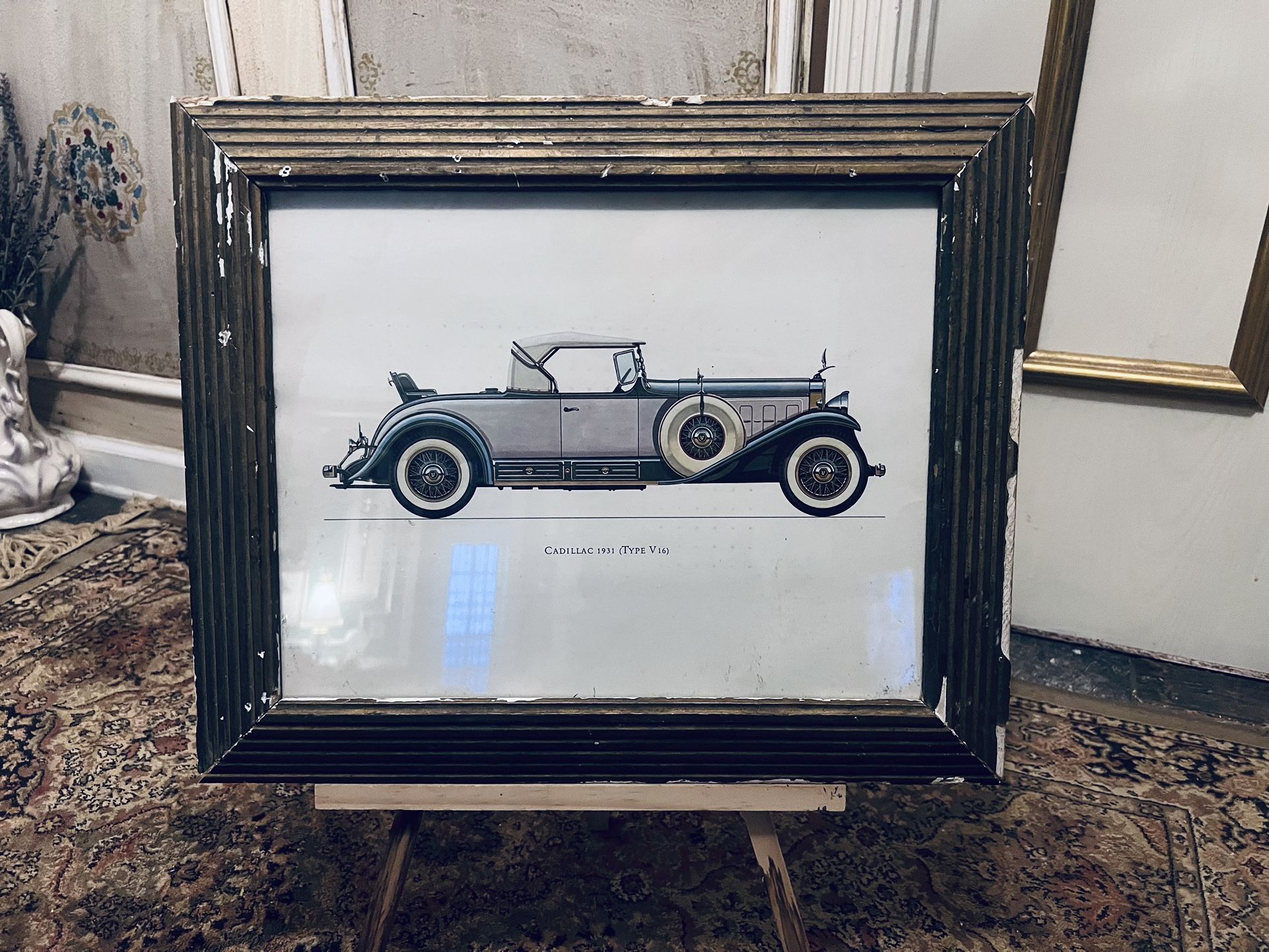 Antique Fluted Wood Frame W/ Cadillac Art