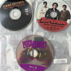 Superbad, Pitch Perfect, Empire Records DVDs Great collection of movies. Includes 3 dvds. No plastic gem boxes. In CD sleeve. I can mix and match any 