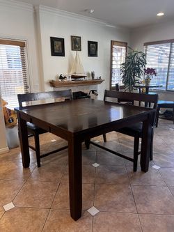 Dark Wood Dining Table Set with 2 Benches