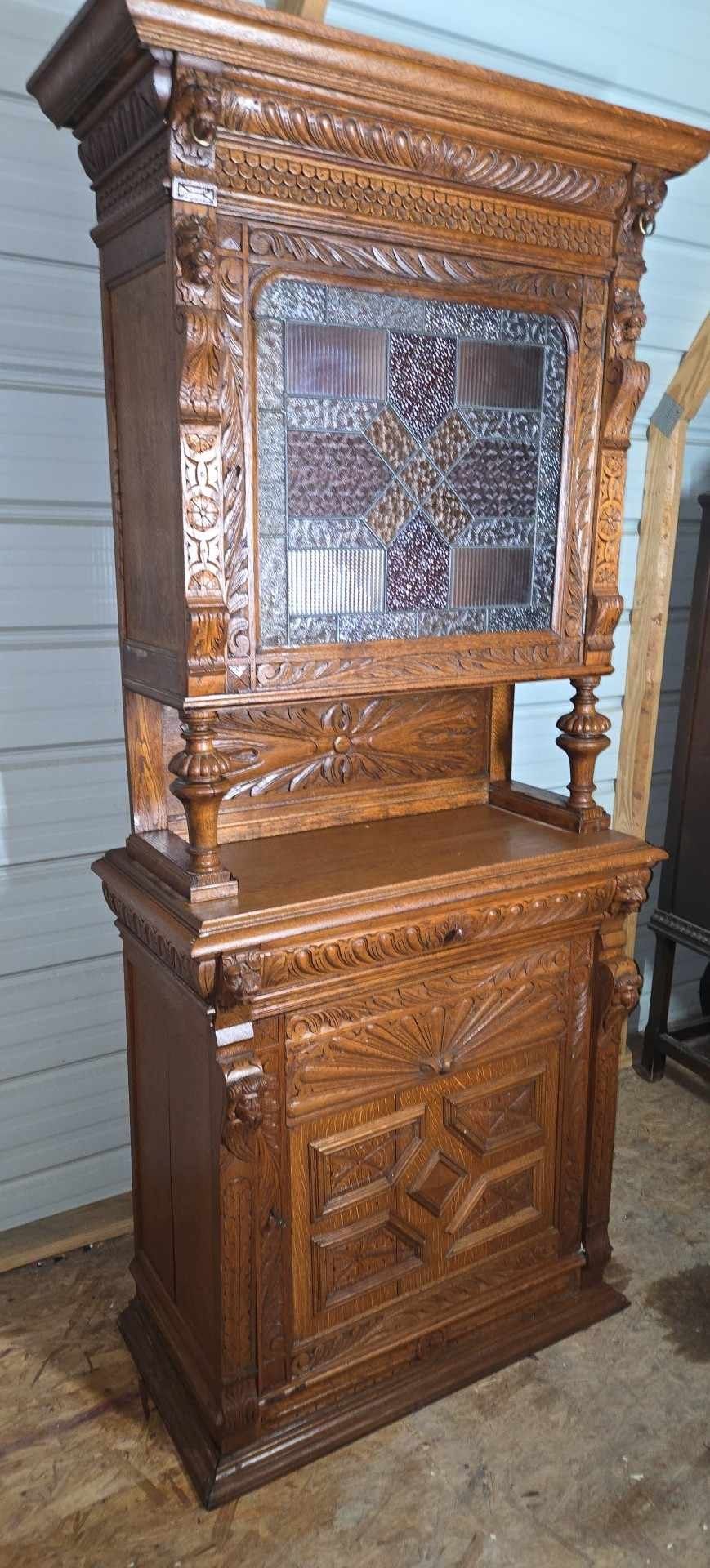 Antique Flemish Oak Stained Glass Buffet Hutch