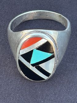Men's Zuni Old Pawn Sterling Silver Ring Turquoise MOP Coral Jet Inlay Sz 12