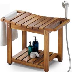 New Shower Bench Seat with Storage Shelf, Natural Wood Shower Benches for Inside Shower to Sit on, Waterproof Bathroom Spa Bench Stool
