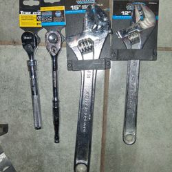 Titan 3/8" Extendable Ratchet & Power Torque 1/2" Ratchet - 15" & 12" Adjustable Wrench  / All For 