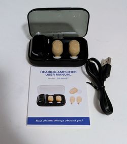 Hearing Wireless Amplifier Earbuds Beige with Black Charging Case Accessories