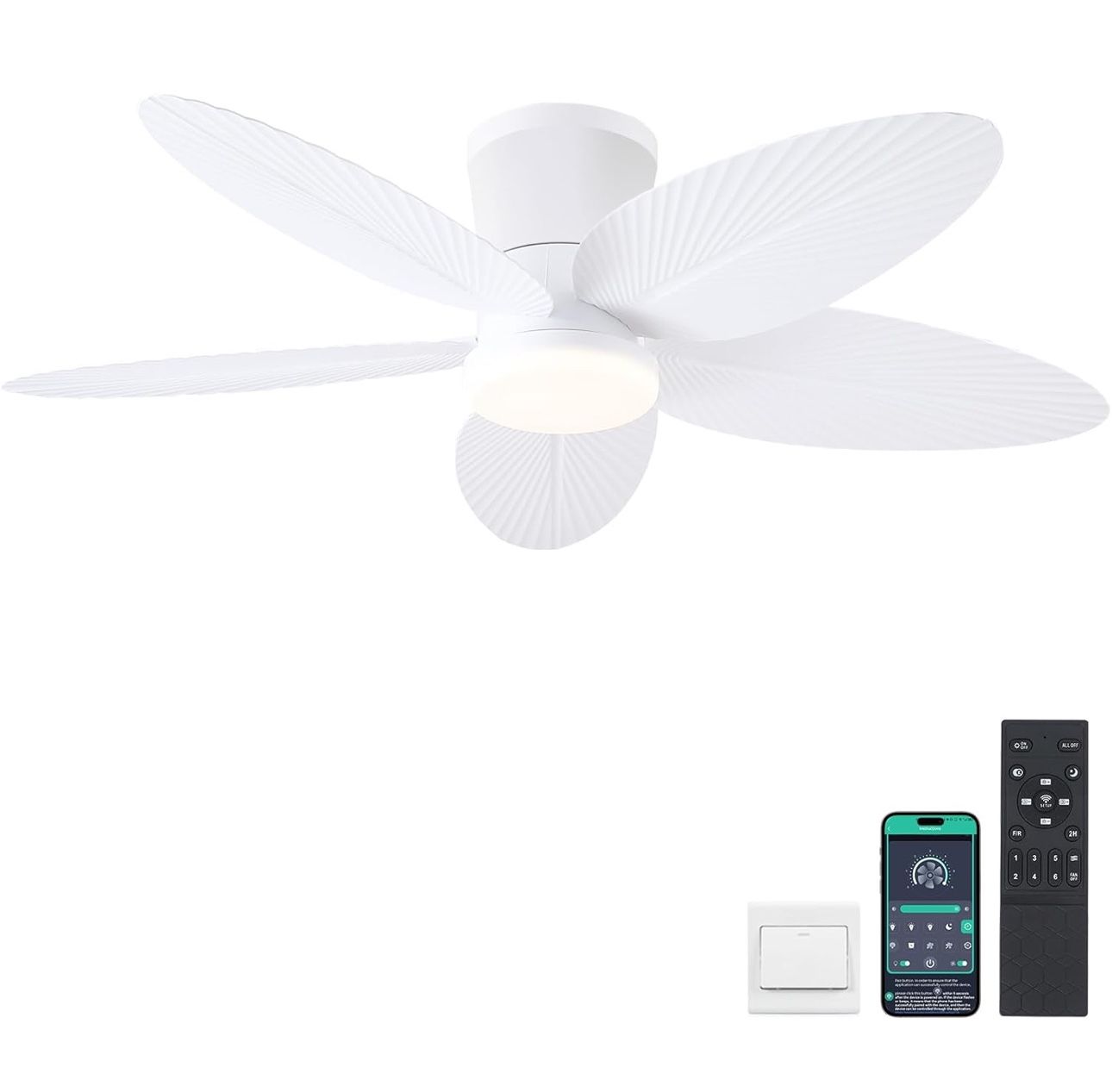 Palm Leaf Ceiling Fans with Lights-42 Tropical Ceiling Fan with Light and Remote/APP Control,Flush Mount Low Profile White Ceiling Fans