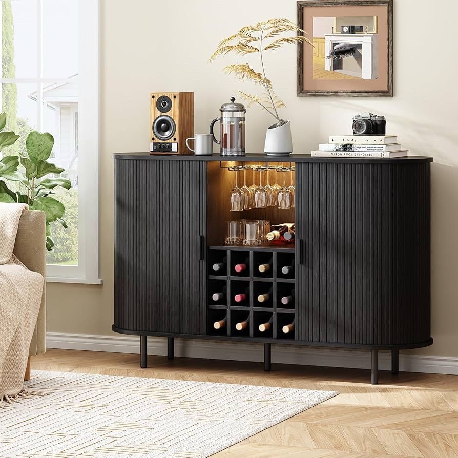 55" Wine Bar Cabinet with LED Light,Modern Liquor Whiskey Coffee Station with Wine Rack and Glass Holder, Farmhouse Buffet Sideboard with Storage for