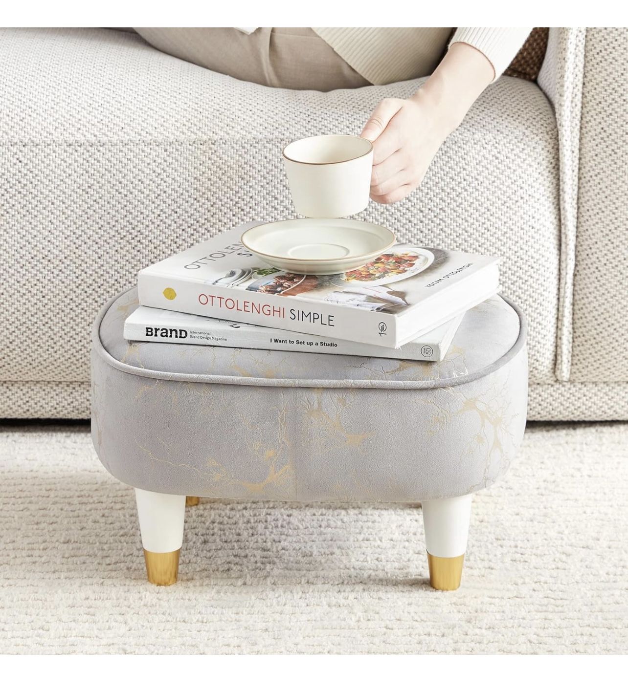 Soohow Foot Stool Small Ottoman Foot Rest, Velvet Foot Stools Pouf Ottoman Step Stool with Padded Seat, Wooden Footstool with Wood Legs, Sofa Footrest