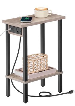 HOOBRO Narrow Side Table, 2-Tier Slim End Table with Charging Station, Skinny Nightstand with Open Storage, for Small Spaces, Living Room, Bedroom, St