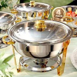 4-Pack Round Stainless Steel Chafing Dish Set with Gold Accents