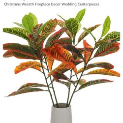4 Pack Artificial Croton Plant Stem 29 Inch Realistic Faux Greenery Branch Long Vivid Autumn Colors Leaves for Home Vase Filler Christmas Wreath Firep