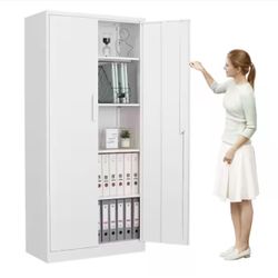 Metal Garage Cabinet 24-Gauge Steel Metal Storage Cabinet  4 Shelves and 2 Door in White